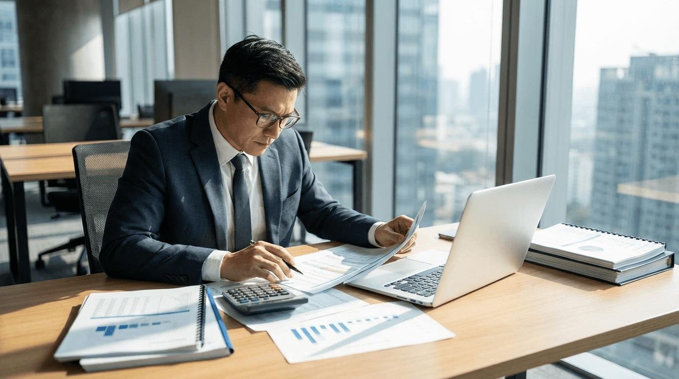 Profesional contable revisando estados financieros y documentos empresariales